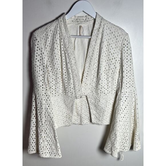 Free People Circle Bell Sleeve Eyelet Jacket Lace Up Blazer Peplum White Small - Picture 4 of 14